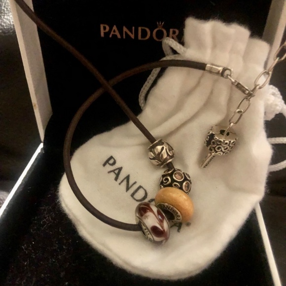 Perfect to Gift Box Included Pandora Leather Cord Nevklace with 4 charms - Picture 2 of 11
